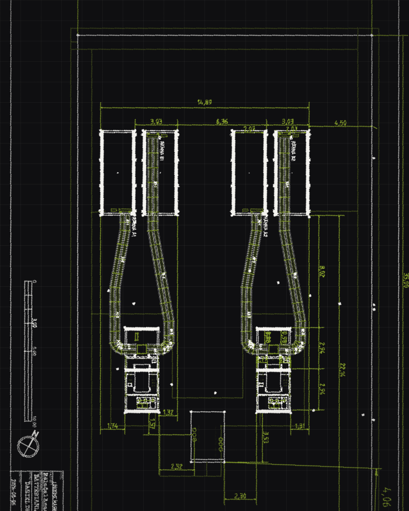 Site plan for Site Borlänge — two battery blocks with transformer stations