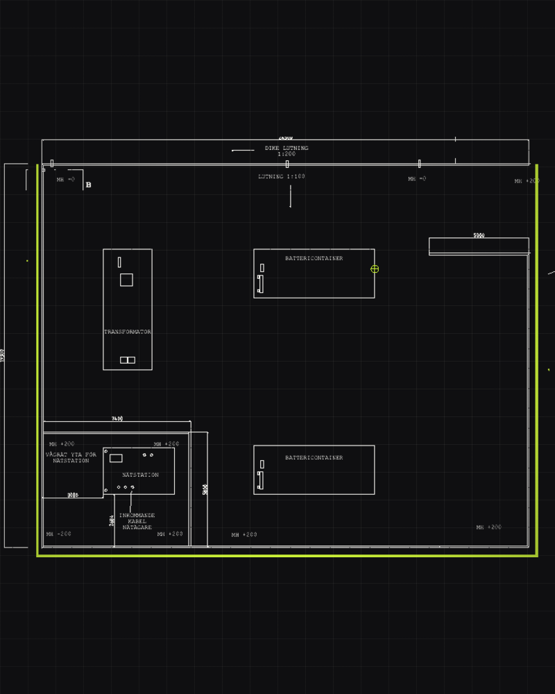 Site plan for Site Lindome — two battery containers, transformer and grid station